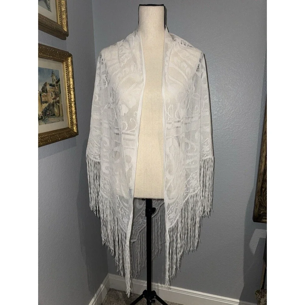 Vintage White Lace Fringe Boho Scarf 72x43” Shawl Bridal Festival Stevie Nicks